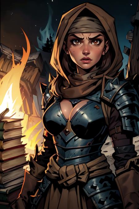 Vestal, upper body, solo, brown eyes, brown hair,  serious,  cleavage cutout, 
 headband, pauldrons ,brown gloves,breastplate, brown habit,
 armored boots, cave, campfire, books, 
standing, upper body,  darkest dungeon, 
(insanely detailed, beautiful detailed face, masterpiece, best quality) <lora:Vestal-10v2:0.7>