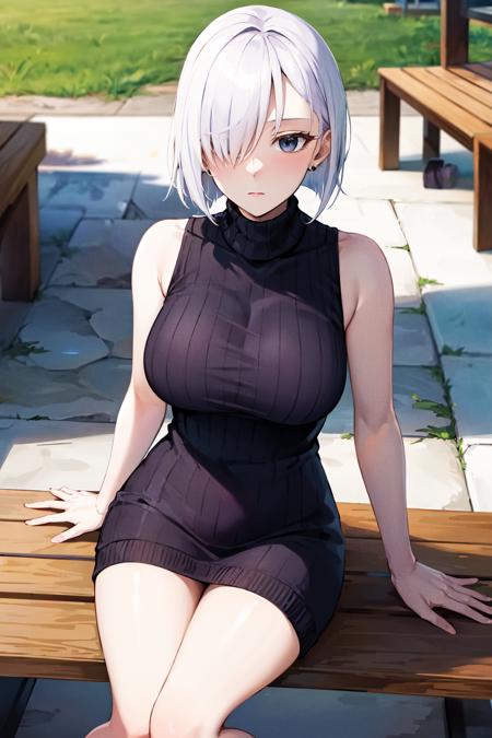 masterpiece, best quality, highres, fiona1, spy x family, hair_over_one_eye, solo, earring, breasts, <lora:fiona_frost_v1:0.7>,  expressionless, sweater dress, turtleneck sweater, sleeveless, outdoors, sitting, bench,