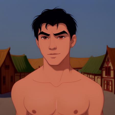 Man, shirtless, portrait, on a city street, detailed, high quality, cartoon, disney style<lora:DisneyRenV2:1>