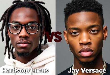 Hardstop Lucas vs Jay Versace: Hardstop is 19 year old black guy with dreadlocks and glasses on the left, text VS in the middle, Jay Versace is 18 year old guy with short curly hair big nostrils and short chin on the right, Text "Hardstop Lucas" on the Left, Text "Jay Versace" on the Right