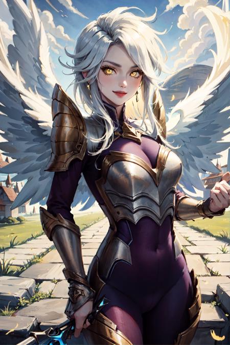 kayle \(league of legends\), 1girl, angel wings, bodysuit, armor, yellow eyes, detailed face, looking at viewer, upper body, cowboy shot, night, village, stone walkway, tree, (masterpiece:1.2, best quality)