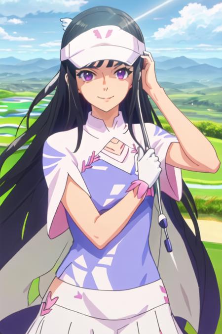 best quality, masterpiece, highres, solo, {amawashi_aoi_birdiewinggolfgirlsstory:1.15}, long_hair, black_hair, purple_eyes, smile, visor_cap, day, blue_hair, 1girl, grass, looking_at_viewer, bangs