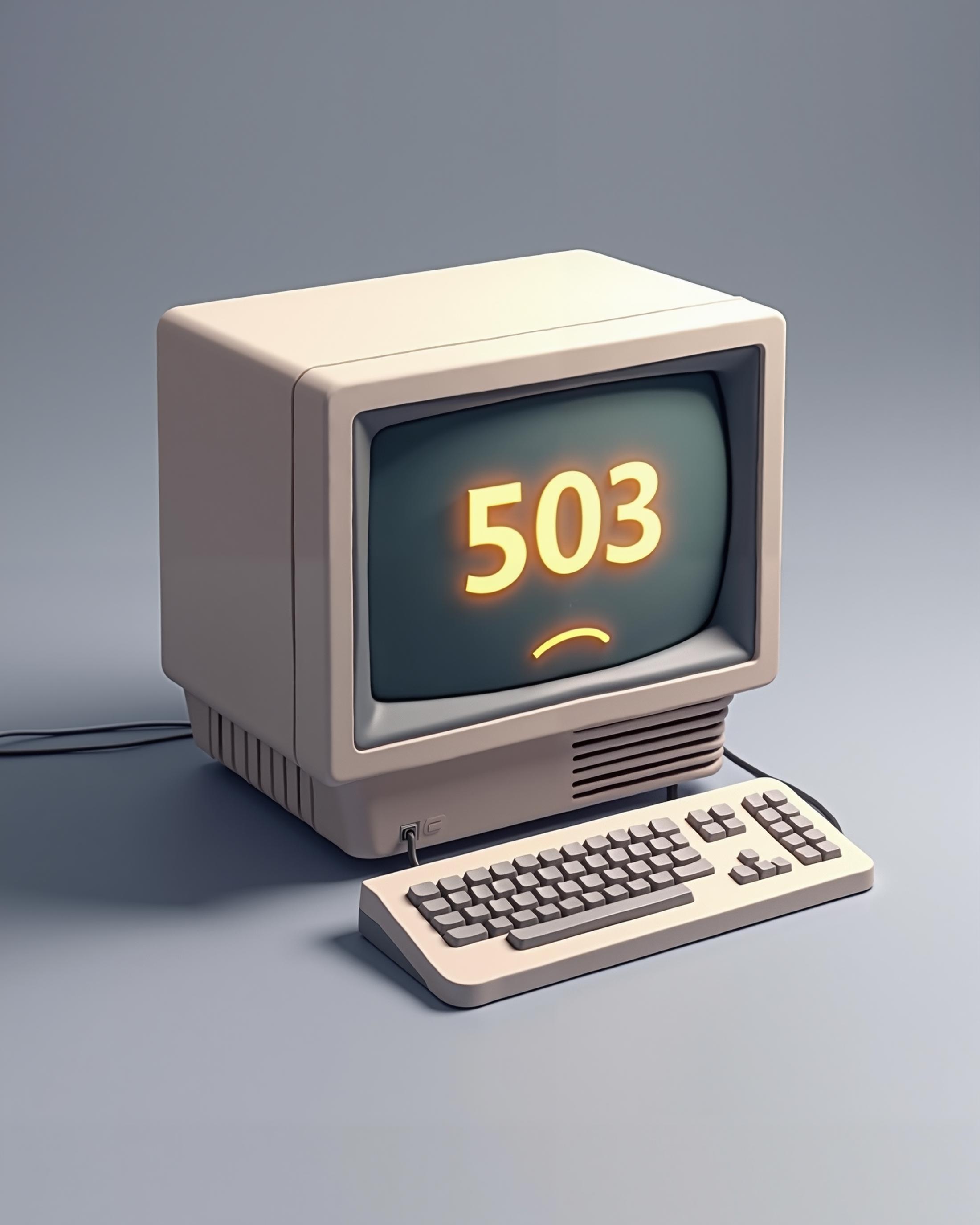 Depict an old CRT computer, rendered in a clean, isometric style that blends cartoon and 3D art. The computer should be posiitoned center frame, slightly tilted to emphasize its three-dimentional form. The monitor should be chunky and retro, with a thick bezel and and rounded screen, and include a keyboard in front of it. The overall design should be simple, yet detailed enough to convey the vintage feel of old technology. On the CRTs screen, display the status code "503" in a glowing Gold color. This face should be centered on the screen, with soft edges to make it stand out against the dark, blank background of the monitor. The sad face should have a simple, cartoon-like quality, fitting the overall style of the image. This CRT computer will be positioned against a solid color background, a soft pastel or muted tone like gray. At the top of the image write "Sorry!", and at the bottom of the image write "We'll be back soon!", in a large cartoony font. The background should be clean and uncluttered. Add subtle shadows beneat the computer to emphasize the 3d nature and give it a sense of depth. Incorporate soft ambient lighting to the edges of the CRT and its screen. The lighting and the shadows should be diffuse, maintaining a clean and simple aesthetic., high quality, sharp focus, dslr photo, UHD, 8k, high resolution, intricate detail