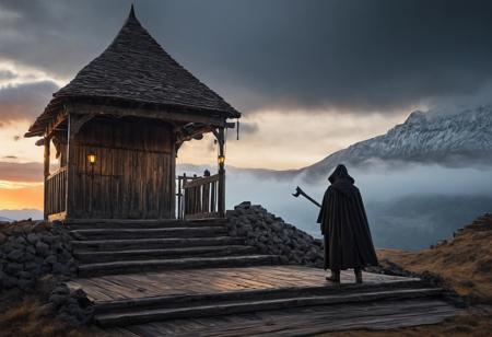realistic, extremely high quality RAW photograph, intricate, Exquisite details and textures, highly detailed, ultra detailed photograph, 4k, high resolution, detailed skin, fantasy or historical scene. In it, there is a large wooden structure that resembles a gallows with a platform and steps leading to it. On the platform lies a person, possibly restrained, next to what appears to be a standing executioner. The executioner holds an ax and wears a hooded cloak that hides his facial features. Two torches are fixed to the structure, both lit and shedding light on the scene. The background shows a dramatic sky with shades of orange, red and yellow, suggesting a sunrise or sunset. In the distance, there are barren trees and mountains that contribute to the ominous atmosphere of the artwork.