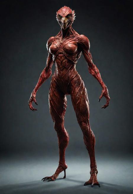 Frontal view. looking forward, looking viewer, full body, realistic professional photography, monster werebird woman, brown and red, cinematic lighting, perfect shading, amazing composition, dynamic angle, 35mm photograph, best quality, masterpiece