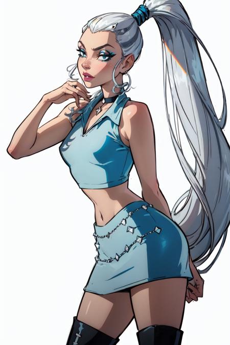 Icy blue eyes, white hair, ponytail, very long hair, eyeshadow WitchOutfit, sleeveless, dark-blue bodysuit, kneeboots, gloves, cloak CasualOutfit, light blue croptop, miniskirt, white knee boots, simple makeup