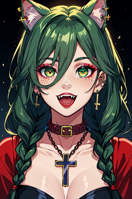 1girl, animal ears, braid, cat ears, chain, collar, cross, ear piercing, earrings, extra ears, eyelashes, fangs, freckles, glowing, glowing eyes, green eyes, green hair, hair between eyes, jewelry, lipstick, long hair, looking at viewer, makeup, open mouth, piercing, red lips, slit pupils, smile, solo, tattoo, teeth, twin braids