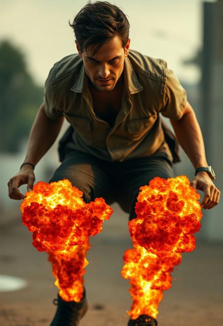 A movie still of a man with exploding knees. There's an explosion in each of his knees. High quality image from an action movie.
