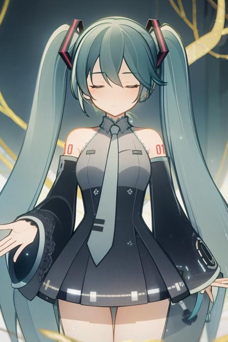 masterpiece, best quality,  <lora:gmstyle:1.4>,1girl,hatsune miku, green hair, long hair,twintails, black headwear, detached sleeves, grey vest,black skirt