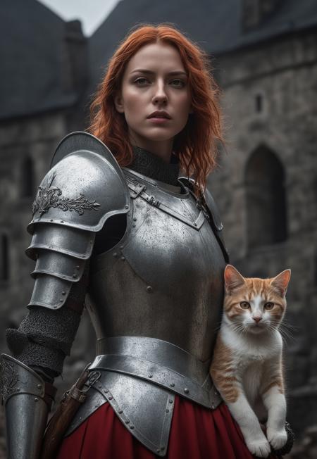 safe_pos, High resolution ultra-realistic of Beautiful Warrior Joan of Arc, 8k, capturing the intensity of the moment, cinematic lighting, standing on a bloody and stormy battlefield in bloody battle, wavy red hair, realistic dirty pale face, realistic dark brown eyes,  beautiful hourglass figure, burning in a medieval Town, intricately designed iron and silver armor, red mini skirt, Dark Ages Aesthetic, perfect athletic figure, beautiful Warrior Joan of Arc, hugging a kitten, fire, ultra realistic, cinematic style, vigorous and seductive, athletic figure, dark fantasy, dramatic lighting, wet and sweaty skin, dirty skin, athletic figure, dark fantasy, dramatic lighting, Greg Rutkowski style,, Warrior Joan of Arc on in iron armor, hyper-detailed, hyper-realistic, bright colours, Attractive 21 old years girl, Attractive, beautiful firm Breasts, sharp focus, digital painting, Photograph Taken on Nikon D750, Alphonse Mucha, 8K, athletic figure, Hyperdetailed, hyperrealism, Attractive, Attractive bust girl, asymmetric balance