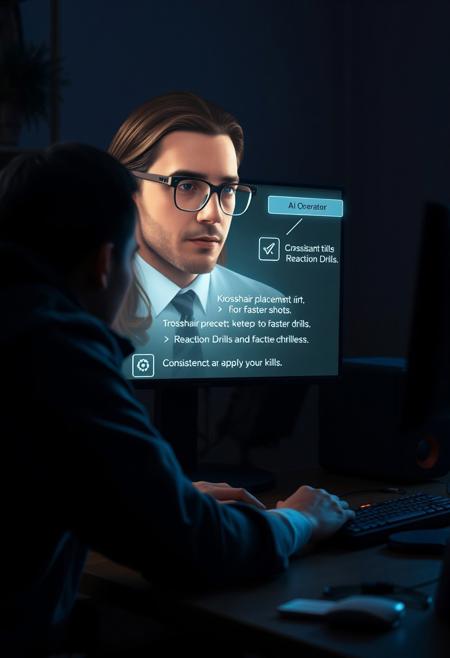 “Create a 16:9 cinematic scene where a player sits at a desk, immersed in a game, the room dimly lit by the screen. On the screen, a male AI operator with long brown hair and fancy reading glasses (sleek, futuristic frame) appears as a semi-transparent hologram. The operator’s appearance is intellectual and sophisticated, his glasses reflecting the screen’s light.
The player asks the operator for tips on improving aim and reaction time. The AI operator calmly advises on crosshair placement, suggesting the player keep it at head level for faster shots. He also recommends reaction drills and emphasizes consistency in practice. Floating icons or text highlight key points like ‘Crosshair Placement’ and ‘Reaction Drills.’
The scene shifts between close-ups of the player’s focused expression and the operator’s glowing form. His glasses subtly reflect the light, adding a polished, high-tech touch. As the operator shares advice, his calm, confident tone encourages the player. The player nods, ready to apply the tips and feeling more confident in their skills.”