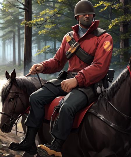 masterpiece, solo, tf2soldier, (redteam), red jacket, 1boy,  portrait, detailed background, forest,  <lora:tf2soldierlorav1-000008:1>