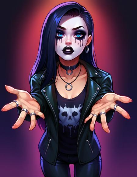 xmetalchicksx leather jacket choker necklace earrings makeup, lipstick facepaint studded <insert clothing item here> ammunition belt band shirt spikes black theme horror \(theme\) bracelet bracer