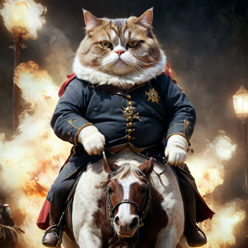 A fat cat riding a horse in a uniform.