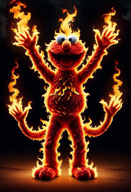 elmo made of (((qu4ntum))), muppet, (cute), red fur, thin torso, demonic laugh, arms up, arms straight, looking upwards, upper body, (((flames in the background))),  red sky, surrounded by fire, fire in the background, everything on fire, debris in the air, mad-flames, photo