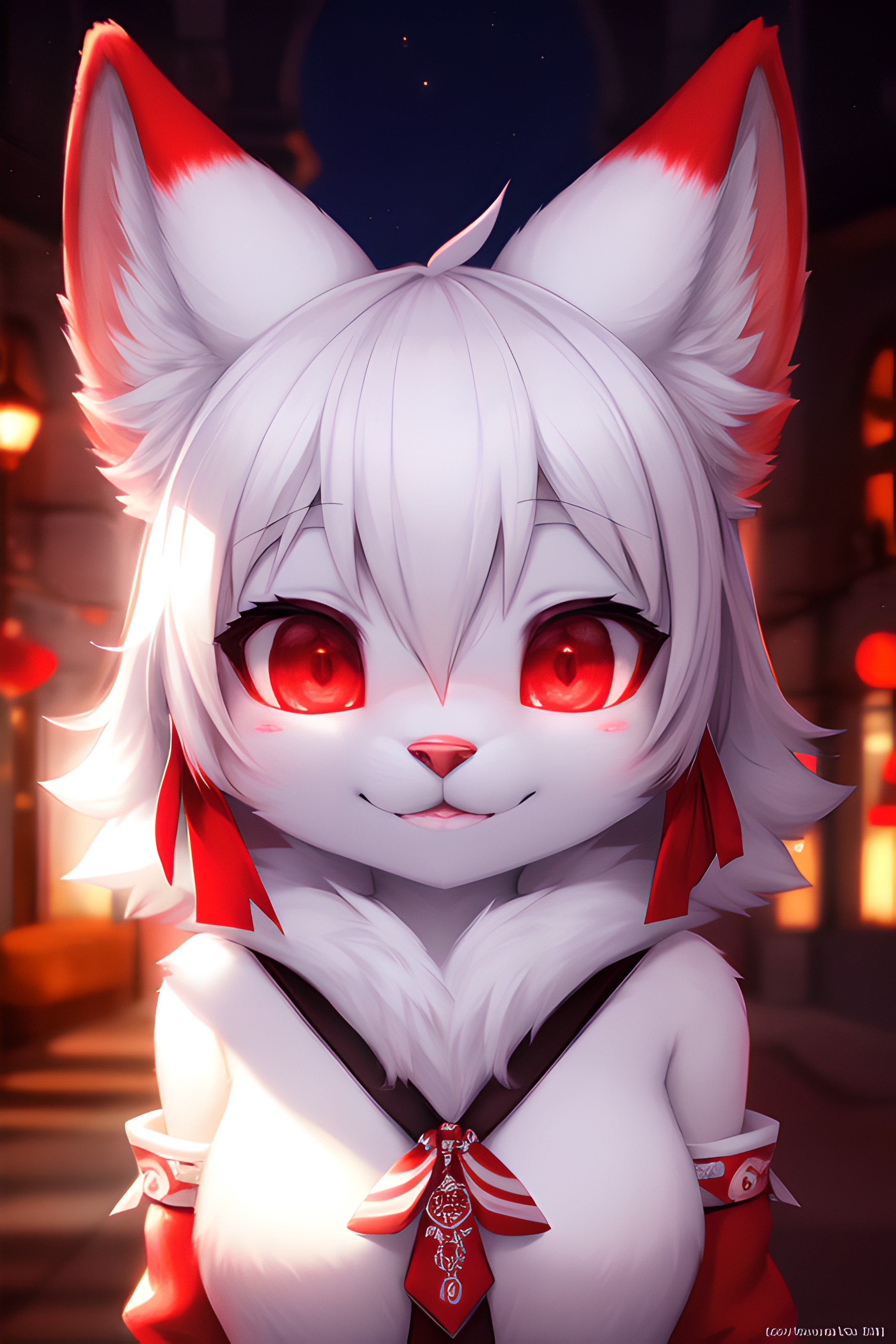 furry, white fur, ultra cute face, red elements on fur, beautiful lights and shadows, ambient light, ultra detailed fur, v...
