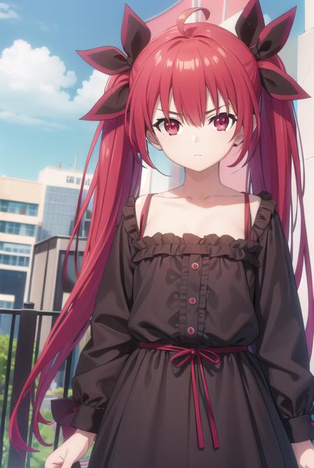 kotoriitsuka, <lora:kotori itsuka s2-lora-nochekaiser:1>,
kotori itsuka casual, long hair, (red eyes:1.3), dress, twintails, ahoge, red hair, candy, lollipop, frills, long sleeves, collarbone, 
BREAK ,
BREAK outdoors, city, sky, clouds, buildings, sun,
BREAK looking at viewer, (cowboy shot:1.5),
BREAK <lyco:GoodHands-beta2:1>, (masterpiece:1.2), best quality, high resolution, unity 8k wallpaper, (illustration:0.8), (beautiful detailed eyes:1.6), extremely detailed face, perfect lighting, extremely detailed CG, (perfect hands, perfect anatomy),