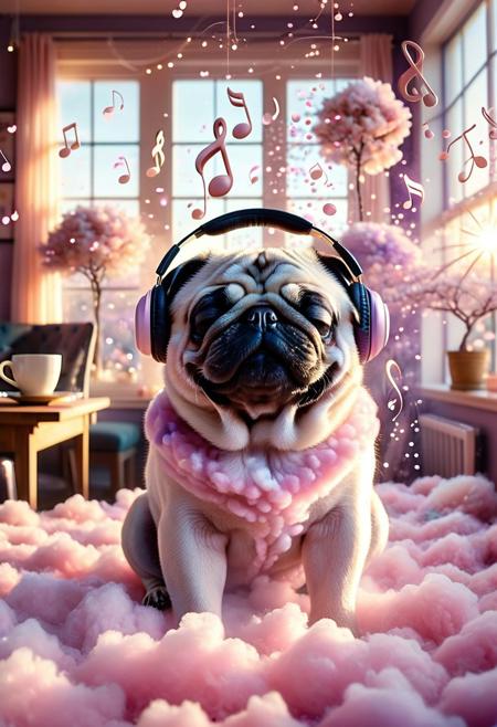 lazypos, cottoncandy
a cotton candy pug with closed eyes, wearing wireless headphones, immersed in rhythmic melodies, soft smile of euphoria illuminating his face, surrounded by floating musical notes and cherry blossom petals, warm golden hour lighting with bokeh effects, pastel color palette of blush pink and pastel purple, healing atmosphere with glowing particles, dynamic composition with flowing hair strands, cozy coffee shop background with sunlight streaming through windows ,emotional resonance of musical therapy
