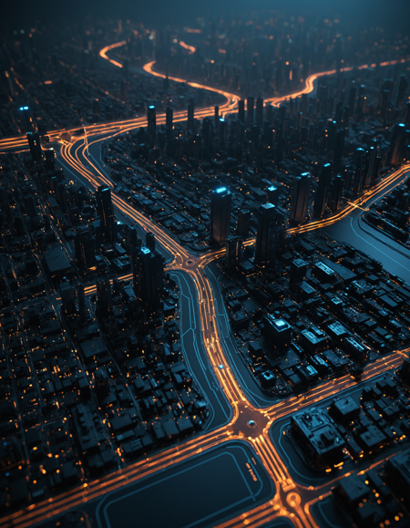 (TzigoCBS), a vast futuristic cityscape seen from above, appears realistic at first glance, but is entirely made of circuit board components, roads formed by copper traces, buildings shaped like transistors and capacitors, glowing rivers and lakes made of blue signal paths, atmospheric perspective, soft ambient lighting, volumetric haze between structures, faint smog, tilt-shift effect for miniature illusion, cinematic cyberpunk realism, ultra-detailed, illusion of depth and urban structure