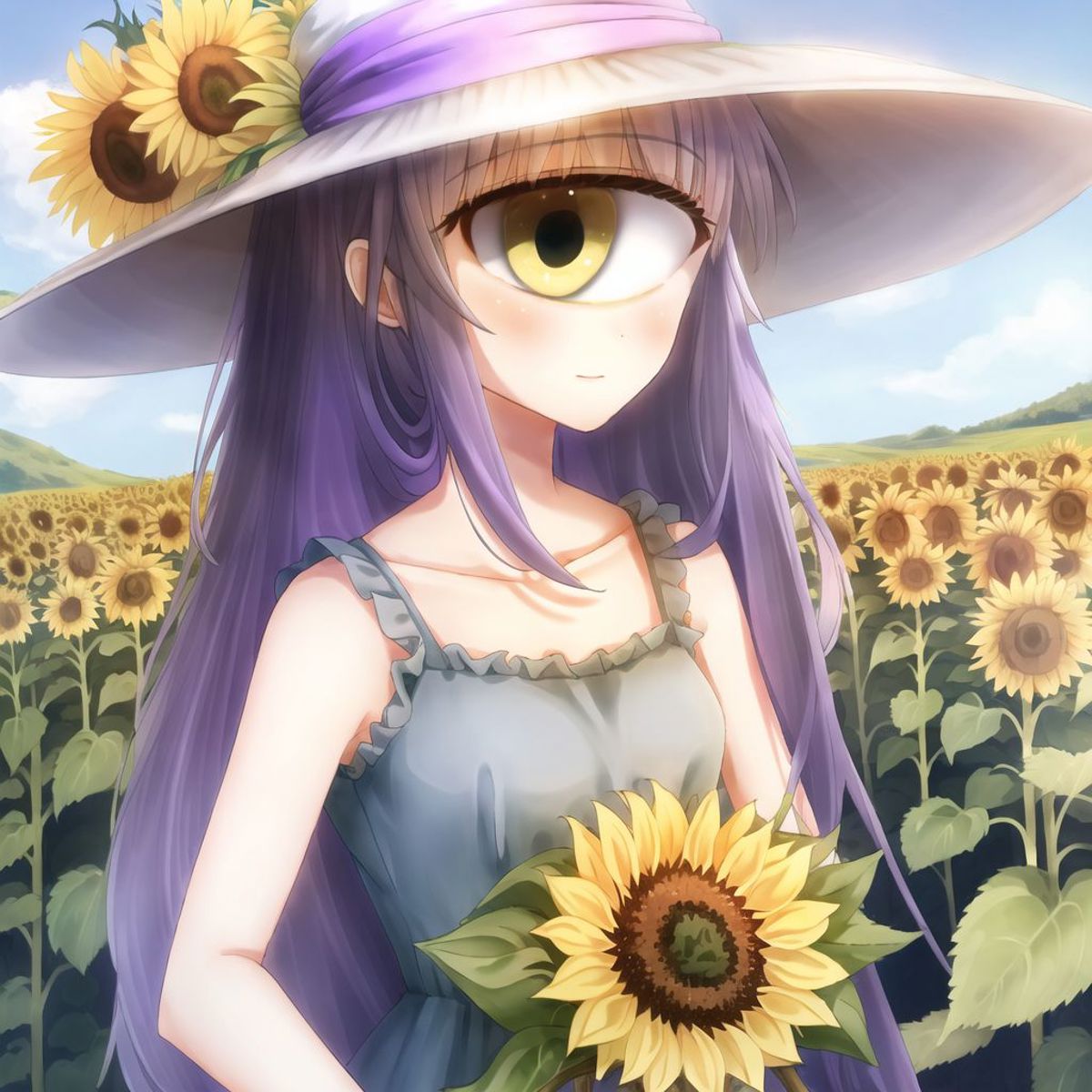 anime girl wearing straw hat holding a sunflower