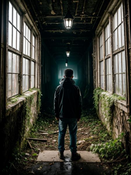 RAW photo, young european boy standing (back to  the viewer) in front of a (desolated, moos overgrown prison)) in ((horrid apocalyptic overgrown city)), plant covered crumbling houses, overgrown traffic lights, destroyed cars full of plants, and a ghostly apparition haunting a abandoned house  ((night light, storm, rain, lightning)), (high detailed skin:1.2), 8k uhd, dslr, soft lighting, high quality, film grain, Fujifilm XT3