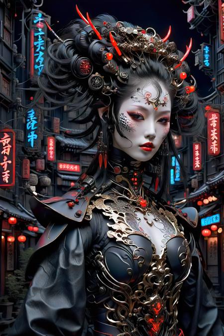 (full body shot:1.2), hero view,
inematic photo choker, realistic, 1girl, a mysterious japnanese cyborg woman, dark gothic science fiction city filled with gothic buildings, neon signs,  glowing lanterns, black leather japanese clothes, hair sticks, lipstick, makeup, jewelry, eyeshadow, red lips, hair ornament, futuristic, stunning, attractive, intricate, highly decorated, elegant, luxury, elite, dramatic light, cable, mechanical parts,
 <lora:PE_NeonSignStyle:0.1>   <lora:Fflix-Geisha:0.8> fflix-geisha <lora:ByteBlade:0.8>