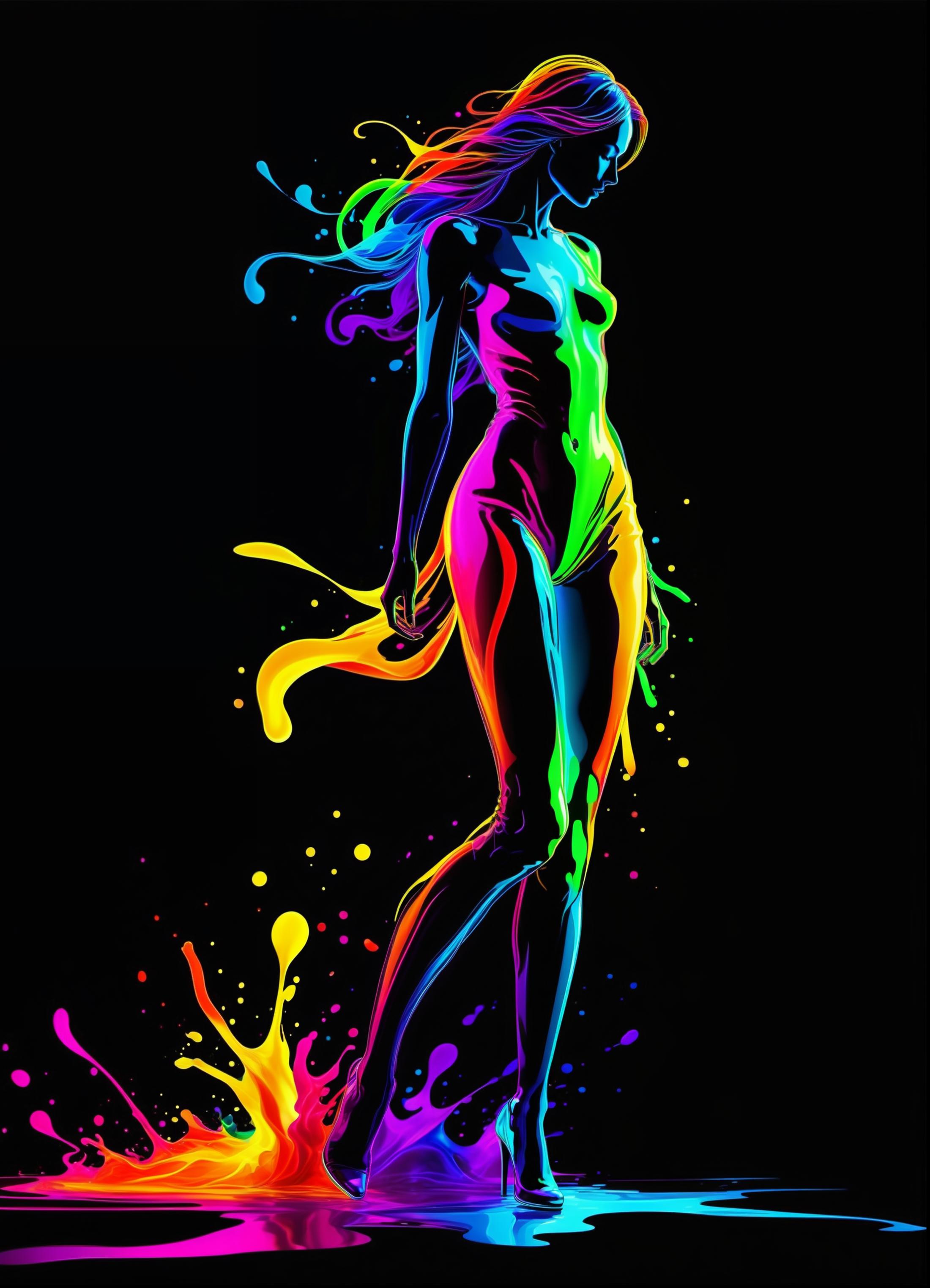Colorful Woman with Rainbow Legs and Hands Standing in Paint Splatters.