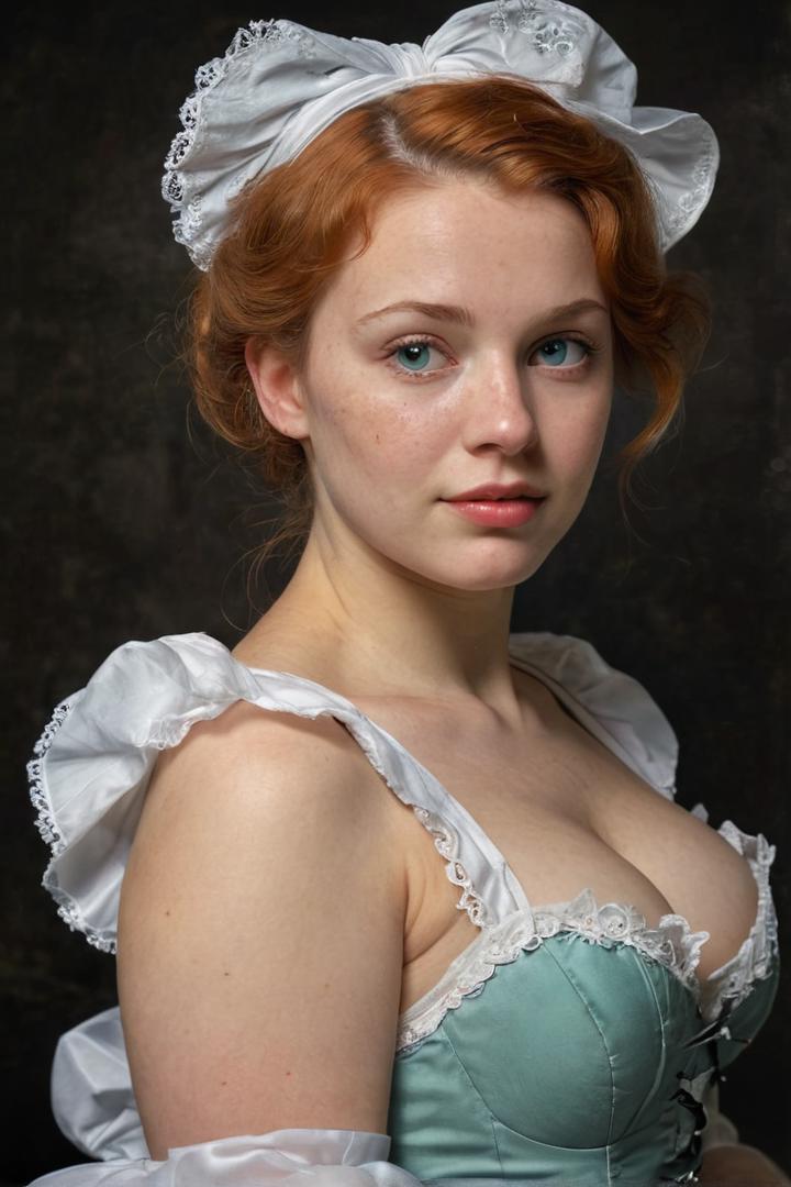 (srh_ttz:1.2), (cz619:1.2), (side portrait, perfect profile:1.2), (intimate erotic porn shot:1.2), (vintage photography of a chubby french maid politely presents her amazing saggy sideboobs:1.2), saggy breasts, big areolas, puffy nipples, (wearing a precious victorian era corset, underskirt, translucent cyan tulle headscarf:1.2), beautiful erotic eyes, facing straight on, freckles, mole, sunburn, tanlines, stretch_marks, skin pores, skindentation, nipples, areolae, (masterpiece of victorian epoch erotic art:1.2), (award winning vintage pornography:1.2), (in the epic art style of a painting by peter paul rubens:1.1), (black background:1.3), (beautiful dark mysterious colours:1.3), (beautiful detailed face:1.2), highest quality, 32k, intricate details, hasselblad, (professional studio quality:1.2), (Rembrandt Lighting Style:1.3), <lora:sdxl_add-detail-xl> <lora:sdxl_xl_more_art-full_v1.safetensors:0.7> <lora:sdxl_sideboobs_srh_ttz:1> <lora:sdxl_saggy-XL.safetensors:0.5> <lora:sdxl_Rembrandt Lighting Style:0.9> <lora:sdxl_model_cz619_girl_16_01_850.safetensors:0.85> <lora:sdxl_Nipples XL - All in One.safetensors:0.5>