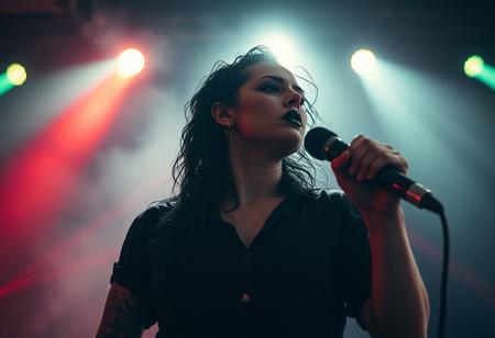 low angle shot of a dark punk rock front woman.  Tens Muskels and veins on her arms and neck from the intense performance. the shot is timed perfectly and the lights are spot on. Giving the scene a dramatic side rim lighting and a face in half shadow. Soft smoke from the smoke machines on the top of the tent is dramatically illuminated from the light show with red, green and blue lasers and strong warm spotlights. Her black shirt and her wet long curly hair is wet. her make-up is painting a pure white face with pitch black lines around her completely black eyes and black lips. 
Shot with a full-frame DSLR, 85mm lens at f/1.8 for shallow depth of field, ISO 400, 1/100 shutter speed. Cold dimm light enhanced with slight post-processing contrast boost and neutral tone grading. balancing sci-fi horror with dark fantasy. dark gothic warhammer30k theme