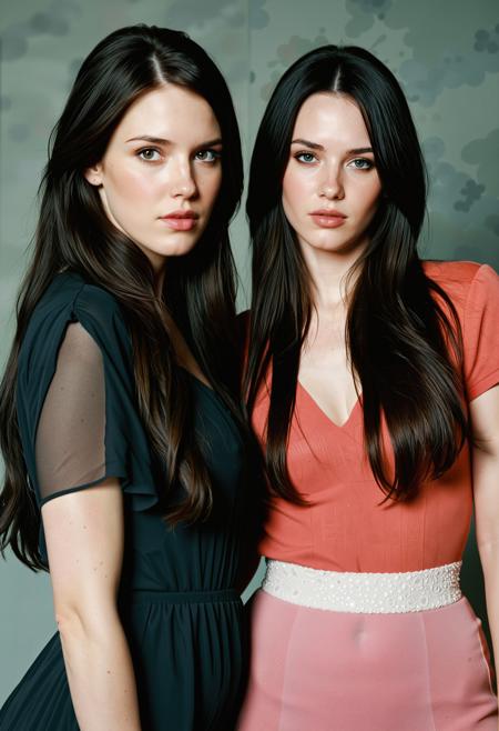 generate an image of a two beautiful brunette women with long hair
