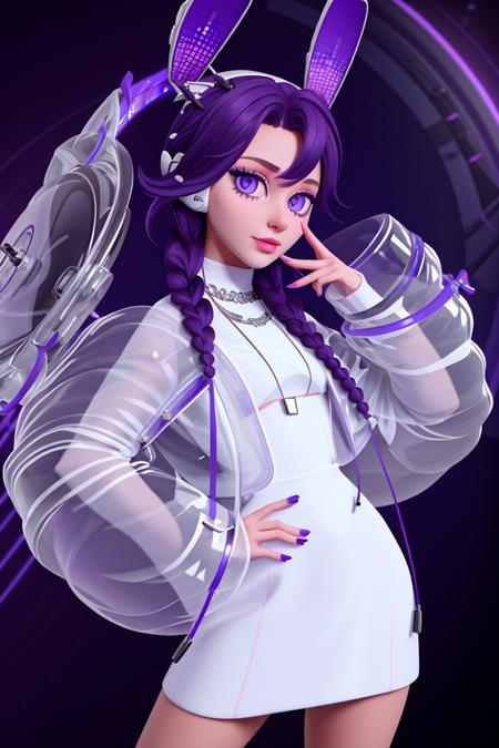 <lora:Discboom640:0.9>, xyzdiscboom, big eyes, Russian, 1girl, solo, twin braids, long braids, (looking_at_viewer), purple eyes, nose, mouth, makeup, jewelry, bangs, purple hair, animal ears, see-through_sleeves, white sleeves, turtleneck, cross necklace, white headphones, neon, posing, white sclera, purple iris, black pupil, puffy_long_sleeves, 5 fingers