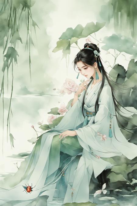 <lora:henv:0.9>,mn,1girl,solo,long hair,sitting,hair ornament,jewelry,flower,earrings,black hair,water,hanfu,chinese clothes,hair bun,sash,dress,long sleeves,tassel,rock,bug,