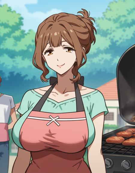 torino kazami, large breasts, brown hair, brown eyes, mature female, folded ponytail, sidelocks, shirt, apron, green shirt, collarbone, pink apron, pants, denim