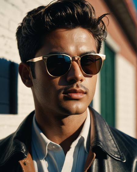 a guy wearing wayfarer sunglasses with his hand on the side of the shades, RAW candid cinema, 16mm, color graded portra 400 film, remarkable color, ultra realistic, textured skin, remarkable detailed pupils, realistic dull skin noise, visible skin detail, skin fuzz, dry skin, shot with cinematic camera, (b&w, Monochromatic, Film Photography:1.3),  Photorealistic, Hyperrealistic, Hyperdetailed, film noir, analog style, soft lighting, subsurface scattering, realistic, heavy shadow, masterpiece, best quality, ultra realistic, 8k, golden ratio, Intricate, High Detail, film photography, soft focus, detailed skin texture, (blush:0.5), (goosebumps:0.5), subsurface scattering