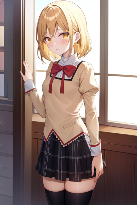 mitakihara school uniform, blonde hair, yellow eyes