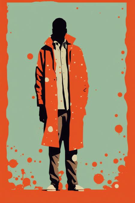 <lora:Olly Moss Style:1>Olly Moss Style - Pop modern, simplistic, clean, graphic design, splatter, Wes Anderson style, silhouette, man standing in comical baggy cloths