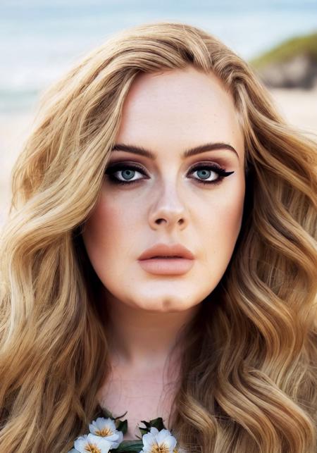 adele, (sharp focus:1.2), portrait, attractive young woman, (beautiful face:1.1), detailed eyes, luscious lips, (eye makeup:1.2), (tight body:1.2), (blonde hair:1.2), wearing (flowery dress:1.2) at (the beach:1.2). (morning sun lighting:1.2), depth of field, bokeh, 4K, HDR. by (James C. Christensen:1.2|Jeremy Lipking:1.1).