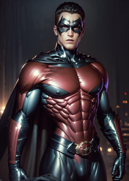 ((best quality)), ((masterpiece)), ((realistic)), (detailed)
muscular boy, narrow waist,  Slim waist, shiny latex bodysuit, gloves,  
1 boy, 
bulgej8, bara, brown eyes, arm up, stand, (versus), robin, black crotch, red cape, gloves, Cape, mask2, muscled outfit black, br, nipples, black belt, brown hair, short hair, gloves, <lora:Robin:1> ((mask))