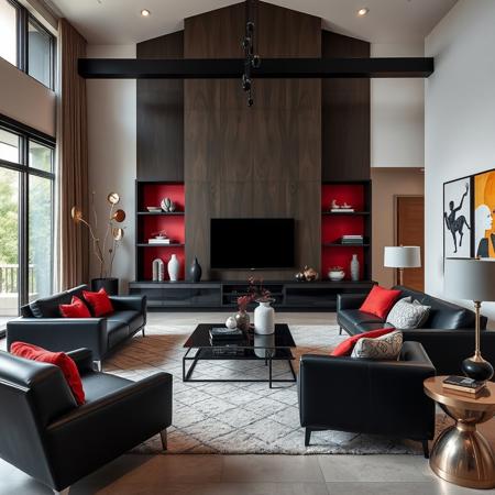 a modern living room with furniture in black and red colors, tall ceiling, decorations modern art sculpture,