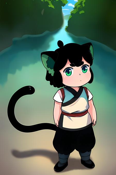 LuoXiaoHei, cat boy, (black hair), black tail, animal ears, green eyes,  cat ears, aqua eyes, solo, boy, eyebrows visible through hair,
full body, standing, short sleeves, pants, vest,
exquisite and exquisite, fairy tale, incredible high details,  pixar style, bright color, natural light, solid color simple background, ctane rendering,
gorgeous, ultra clear details, 8K, hd realistic, 8K hd realistic,