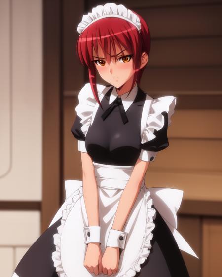 <lyco:Riza-NAI-LyCORIS:1>
1girl, solo, riza wildman, v_arms,  maid uniform, maid headdress, frills, blushing