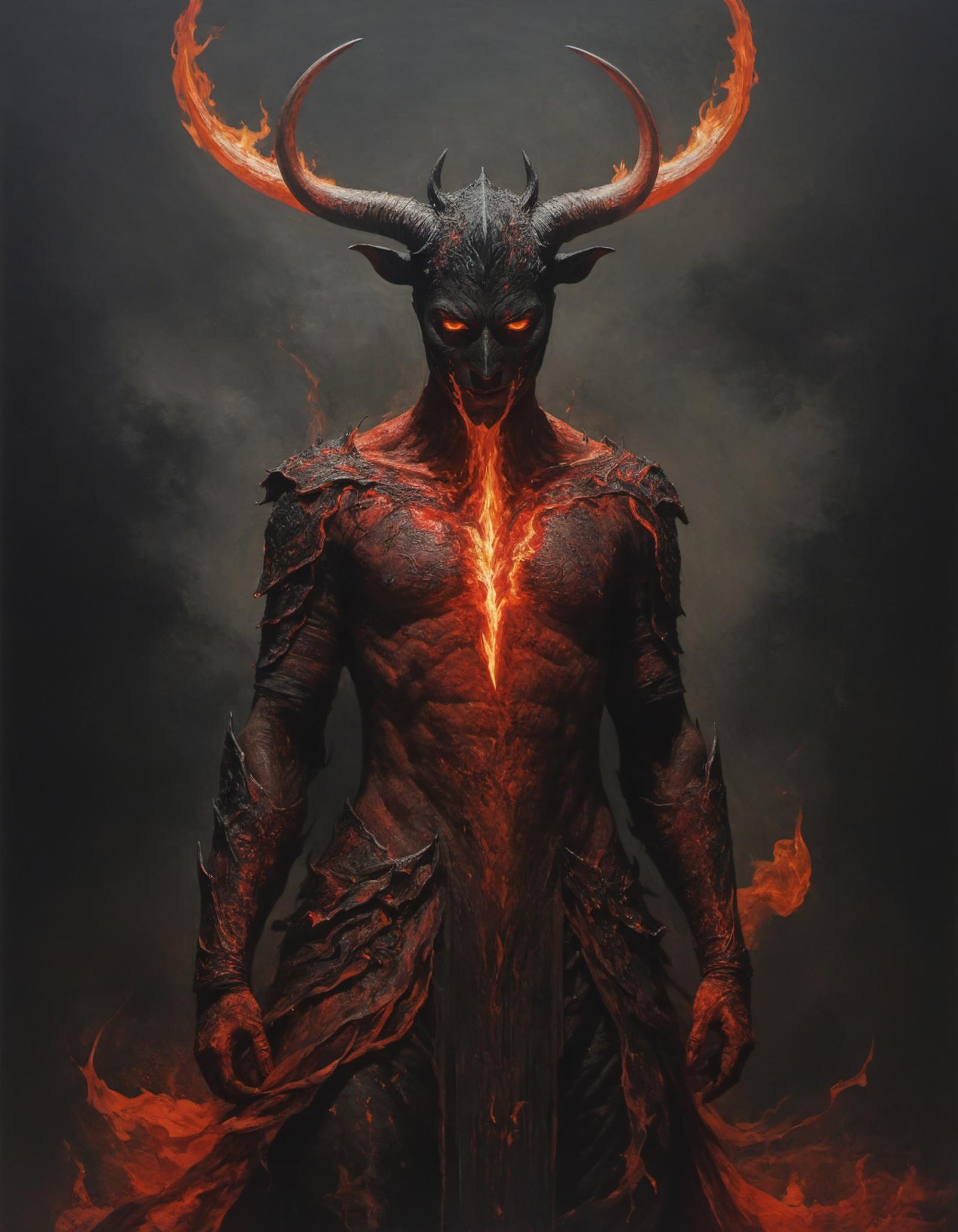 A demon with horns and red skin, possibly the devil, is depicted in a drawing.