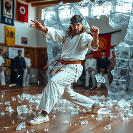 A  karate man performing a karate pose, Destroyed ice block background, in a dojo setting, ((Sean Connery)) , Bandana, long hair, jersey, white sneakers, muscular, 2 meters tall,Ice pieces are scattered on the floor. he has a determined expression, wearing a traditional white karate gi with a colored belt.  and spectators are watching in awe in the background. The dojo features wooden flooring and colorful banners on the walls, with bright lighting highlighting the action and the scattering ice shards.
masterpiece,