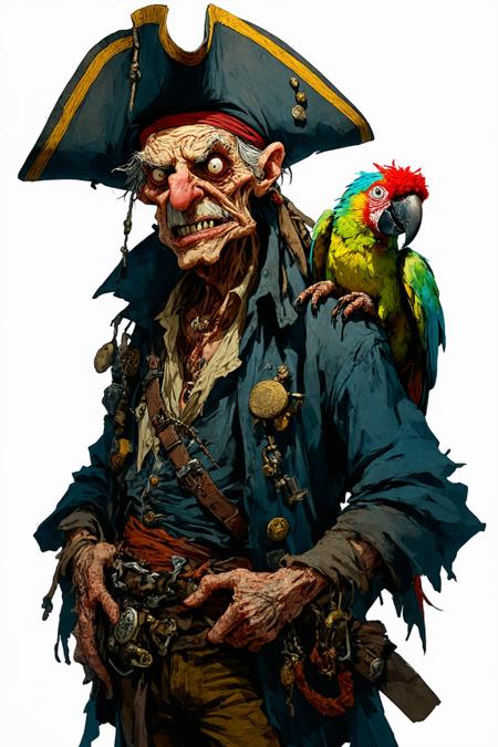 A grotesque 3D animation-style image of an old pirate with exaggerated, twisted features — crooked teeth, a heavily wrinkled face, and a large hooked nose. He wears a tattered tricorn hat and a grimy coat adorned with strange trinkets. A bizarre-looking parrot with bulging eyes and mangy feathers sits on his shoulder. The scene is darkly whimsical and unsettling, rendered in a surreal, highly stylized 3D aesthetic with warped proportions and rich, moody textures.