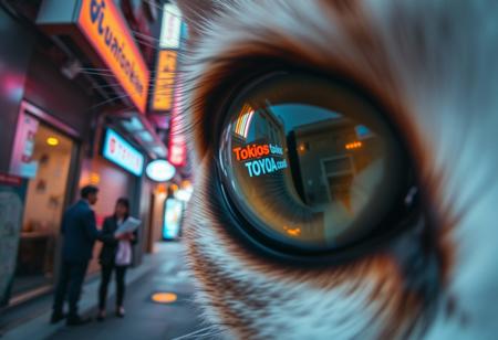 extreme close up portrait of a cat's eye reflecting the a futuristic Tokyo alleyway with neon signs and people standing talking,