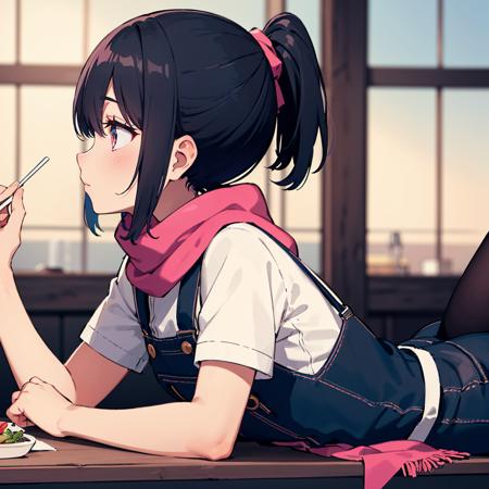 1girl, solo, profile, restaurant, noon, lying, on stomach, black hair, very short hair, ponytail, iridescent eyes, tall, pinafore sress, pink scarf, platform footwear, shoes, small breasts, relaxed