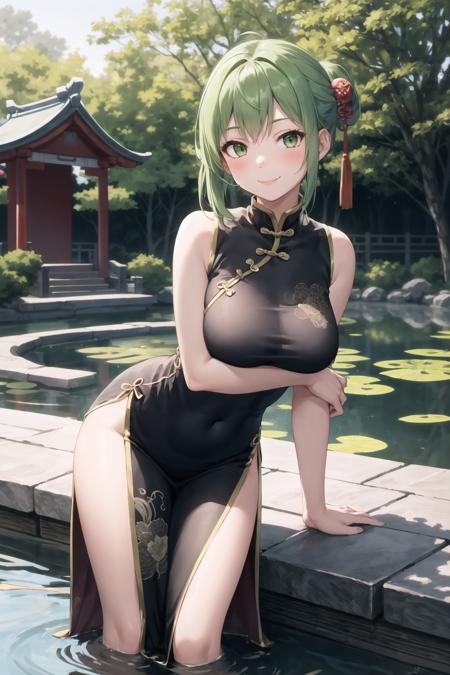 best quality, 1girl, green hair, chinese clothes, breasts, shrine, pond, smile, arms at side, leaning forward