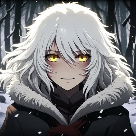 an anime girl with long white hair and yellow eyes, wearing a winter coat with white fur, snowy forest, strong wind, fog.