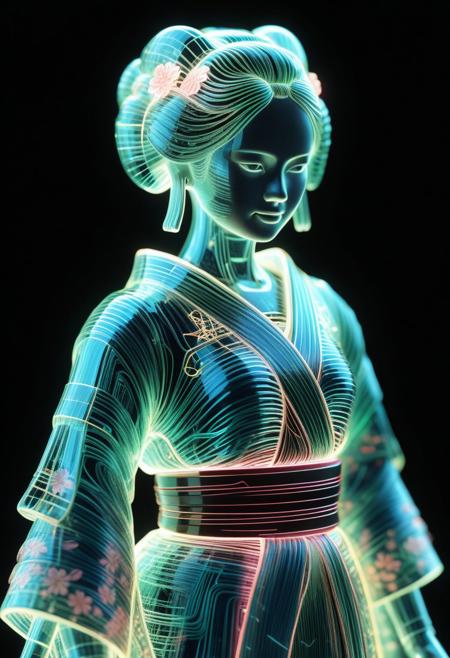 <lora:World_of_Glass_Filament:0.6> made of, tiny neon (glass:1.1) filaments, w0gf1l, Android, geisha, with robotic parts, in flowery kimono, Intricate details, 8 k, cinematic <lora:sss:0.8> subsurface scattering, sss <lora:envyStarlight_v10:0.8>