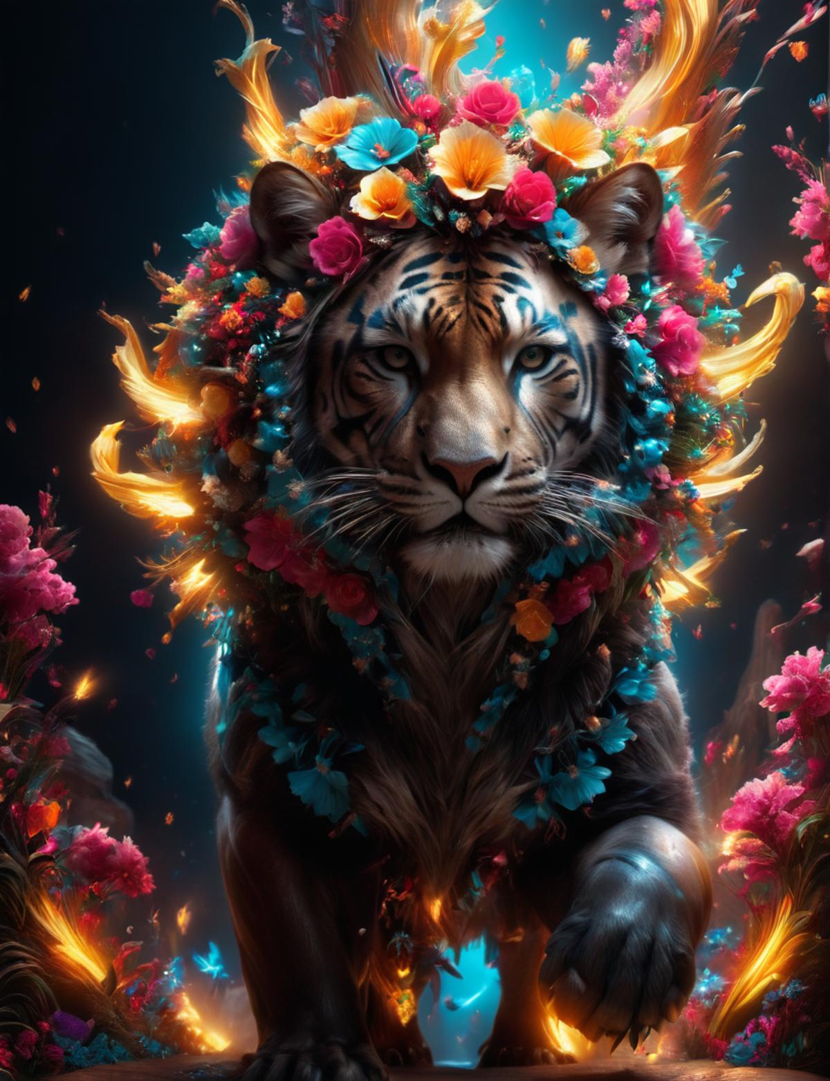 A tiger with a colorful flower crown in a dark background.